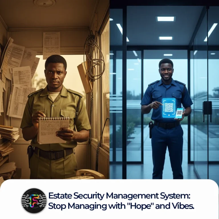 Split-screen landscape image showing two Nigerian security guards in contrasting gatehouse environments. On the left, a stressed guard in a worn uniform reads from a tattered notebook in a dimly lit, cluttered room with warm lighting. On the right, a smiling guard in a crisp uniform scans a QR code from a visitor’s phone using a tablet in a bright, modern gatehouse with cool lighting. The composition highlights the shift from manual to digital estate security._Estate Security Management System featured image